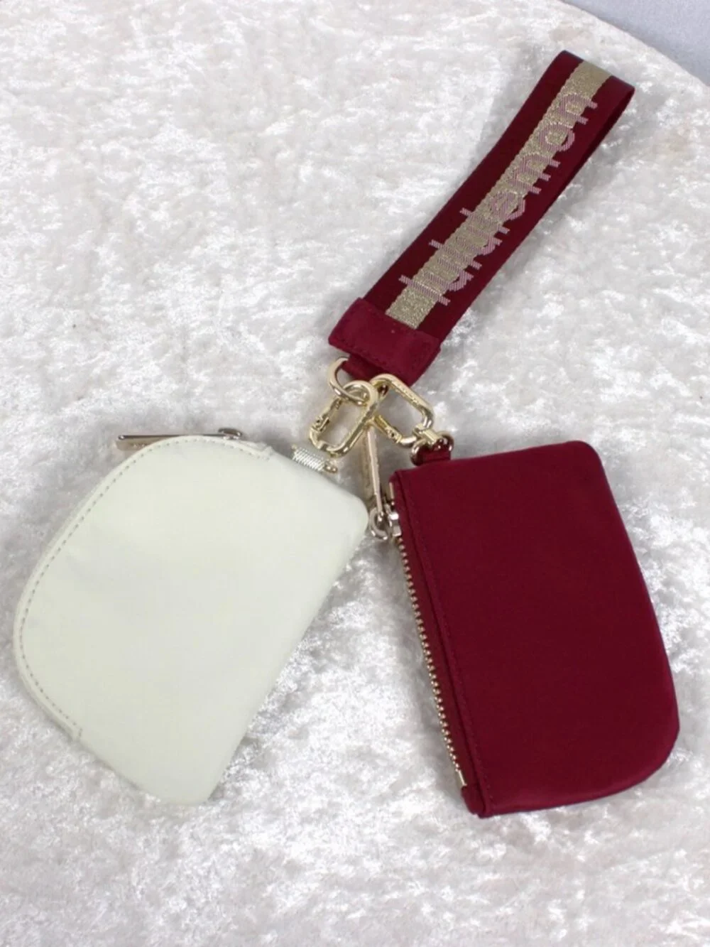 Lululemon Dual Pouch Wristlet Burgundy Cream Gold Hardware NWOT